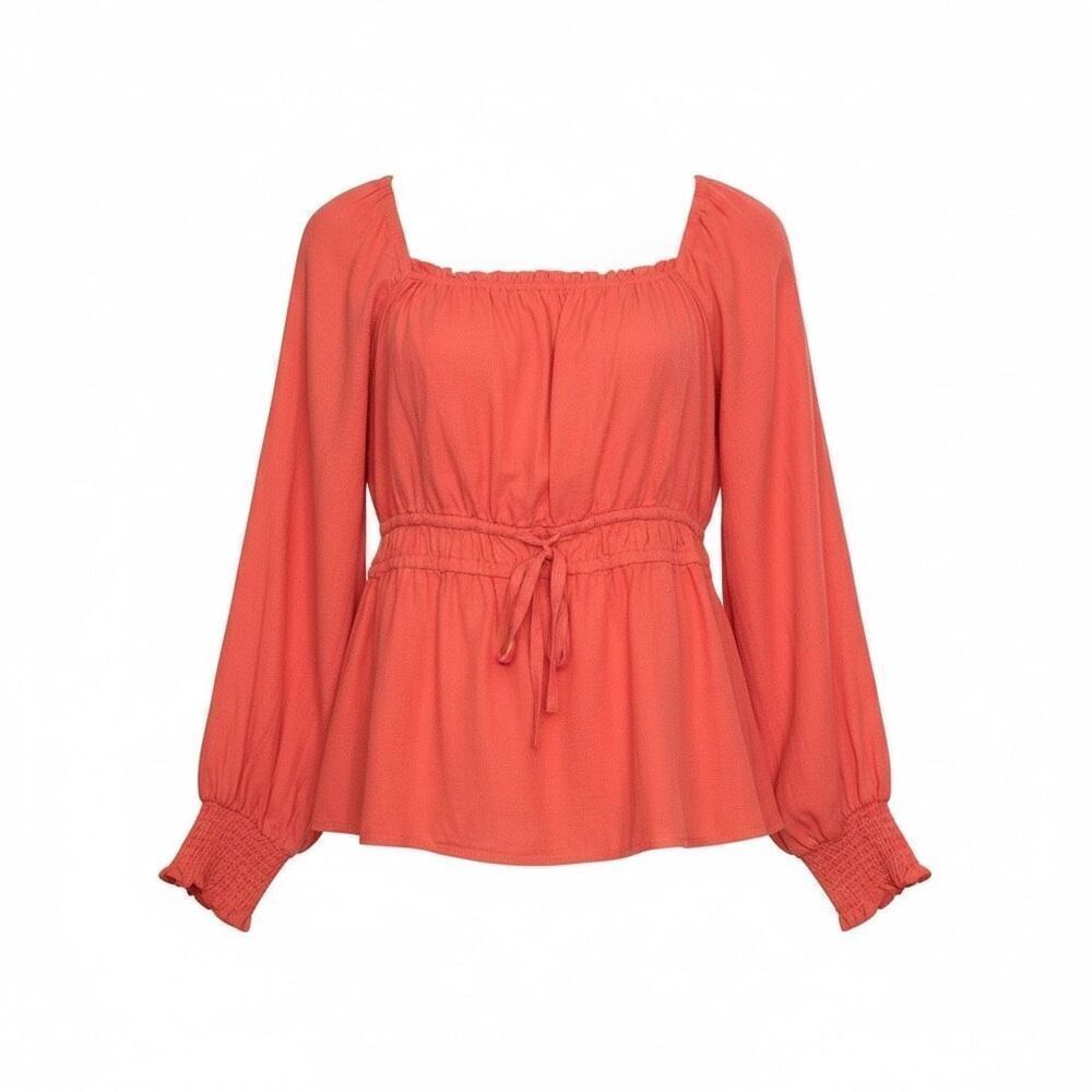 Ava & Viv Women Long Sleeve Peplum Boho Top Coral Orange Plus Size 3X Tie-Waist